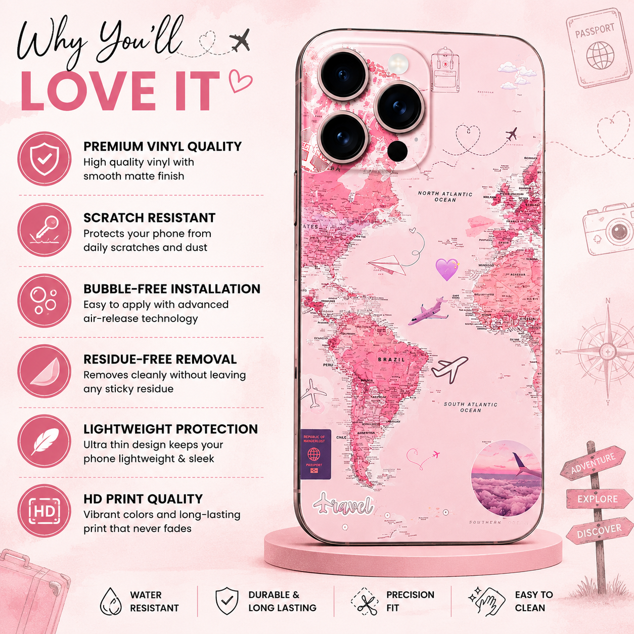 Pink Travel World Map Mobile Skin – Premium Vinyl Phone Skin