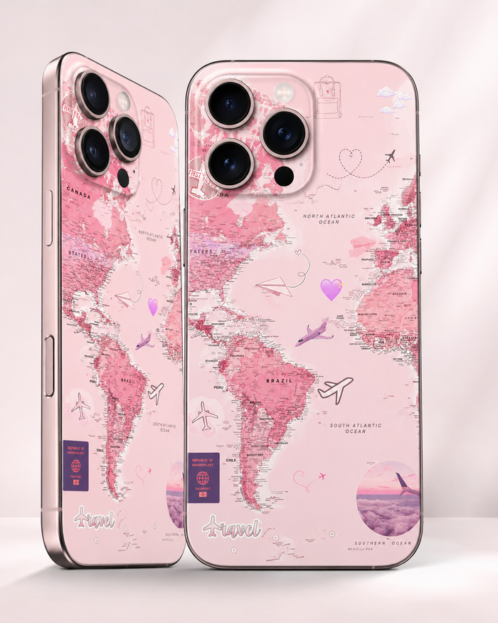 Pink Travel World Map Mobile Skin – Premium Vinyl Phone Skin