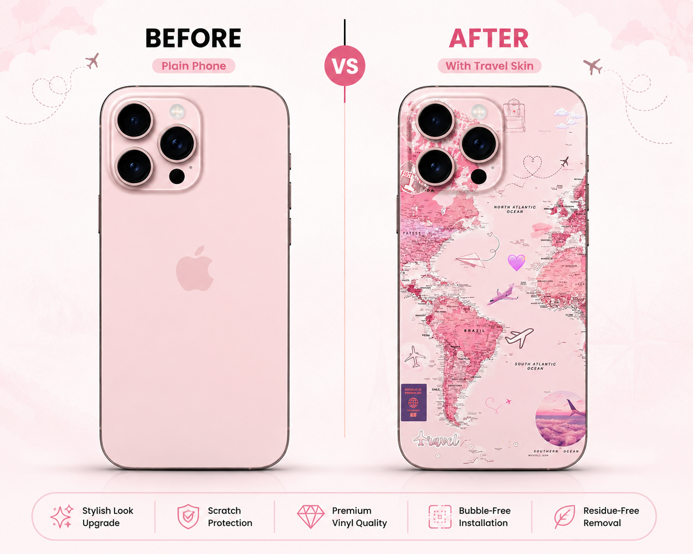 Pink Travel World Map Mobile Skin – Premium Vinyl Phone Skin