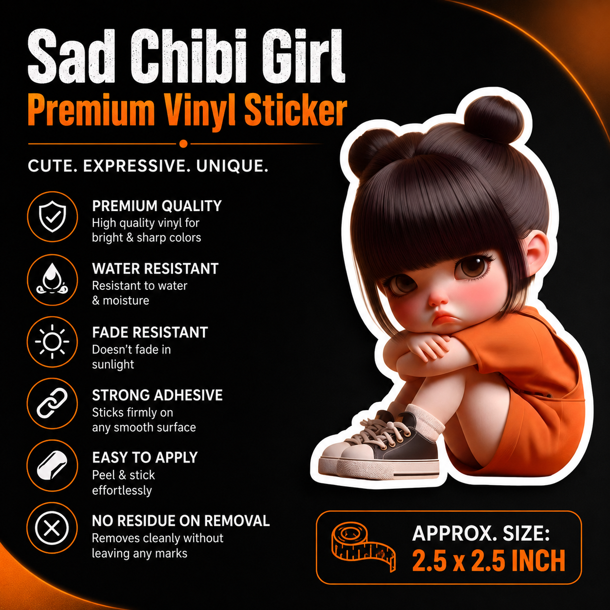 Sad Chibi Girl premium vinyl sticker features and size poster
