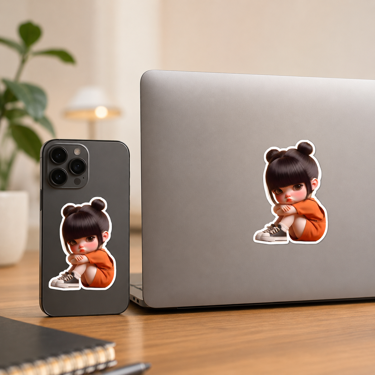Sad Chibi Girl vinyl sticker applied on mobile and laptop