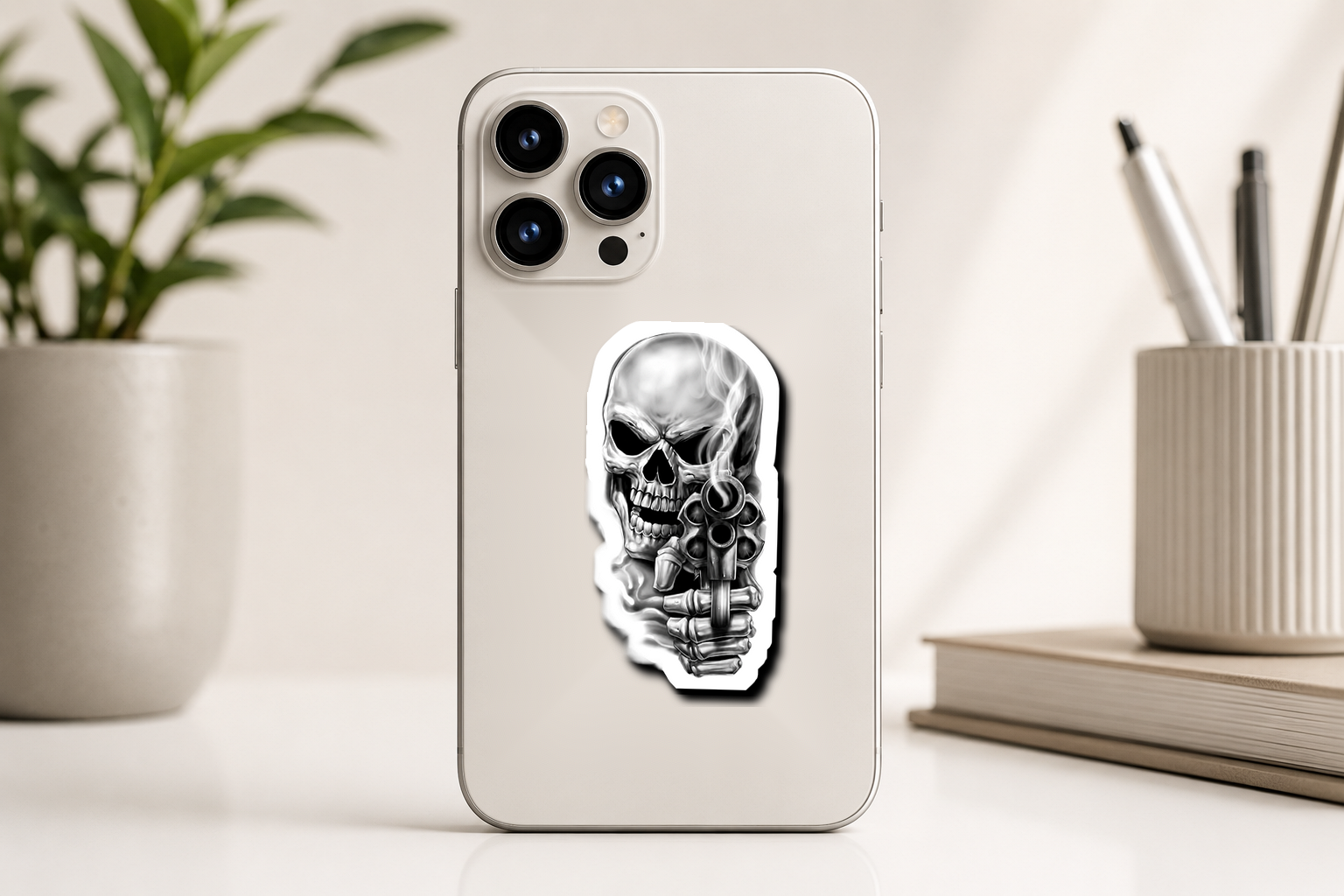 Skull Smoke Premium Vinyl Sticker applied on phone mockup by Pridway Skins
