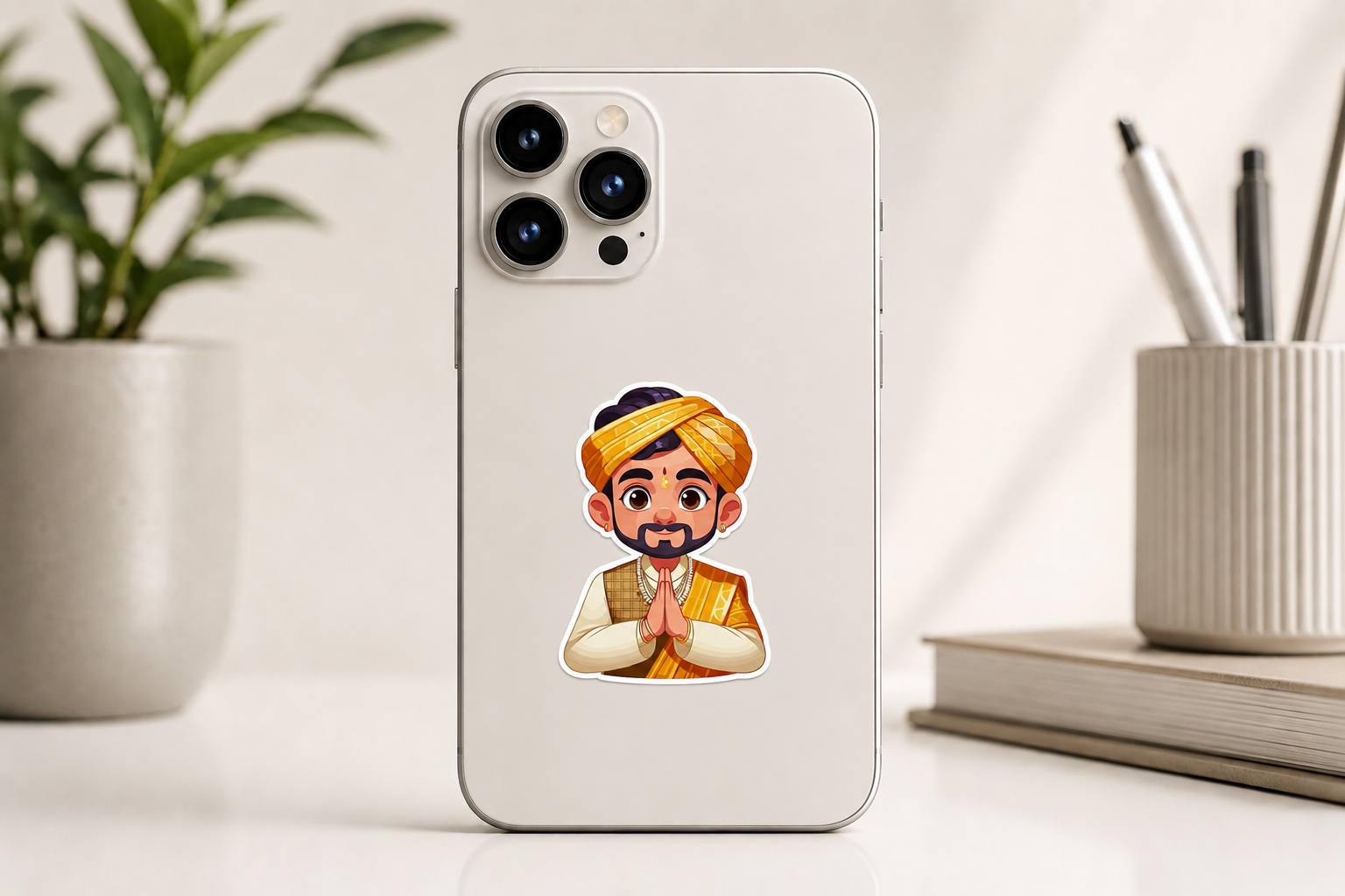 Desi Namaste Premium Vinyl Sticker phone mockup by Pridway Skins